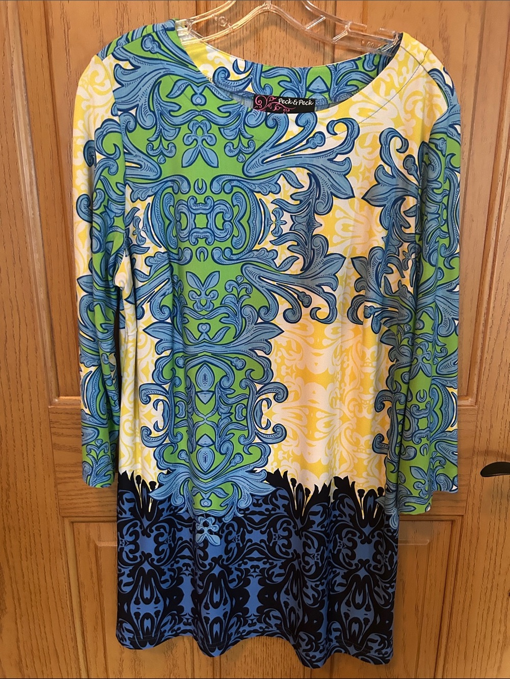 Peck & Peck Blue Green Yellow Printed Long-Sleeve Dress — Baroque Motif